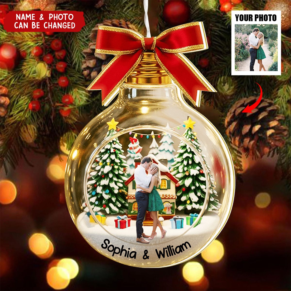 Personalized Couple Glowing LED Light Ornament With Photo Names & Red Bow Romantic Christmas Gift For Couple Newlyweds