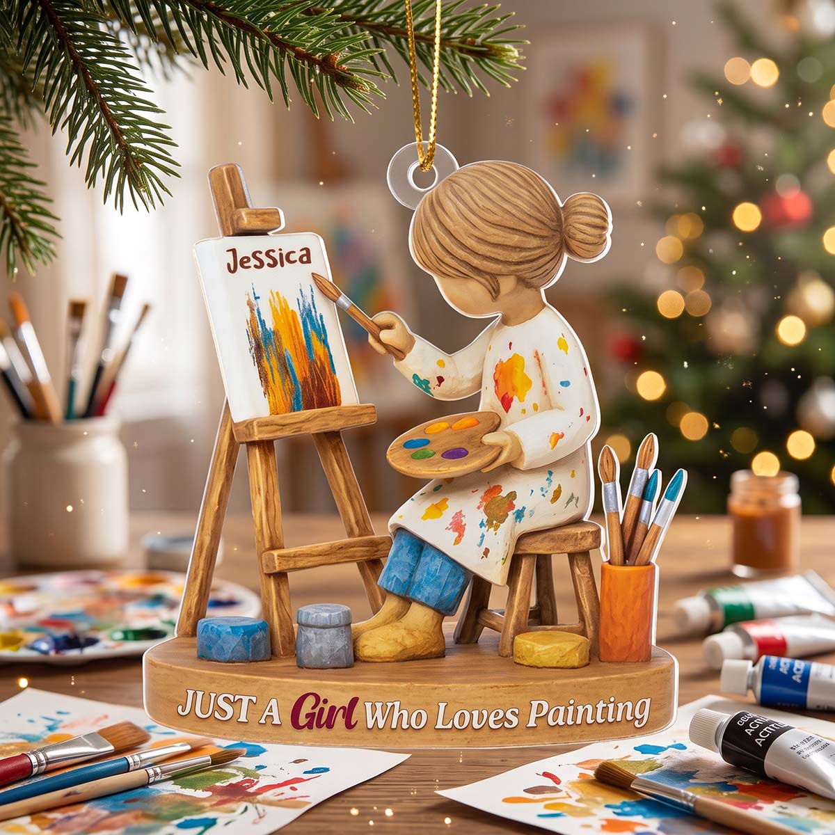 Girl Painting at an Easel - Personalized Christmas Acrylic Ornament For Artist