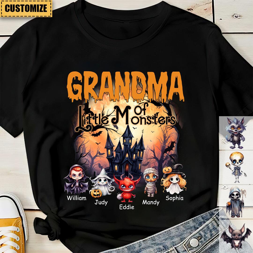 Personalized "Little Monsters" Unisex Family T-Shirt With Kids Names,Funny Halloween Gift For Parents & Grandparents
