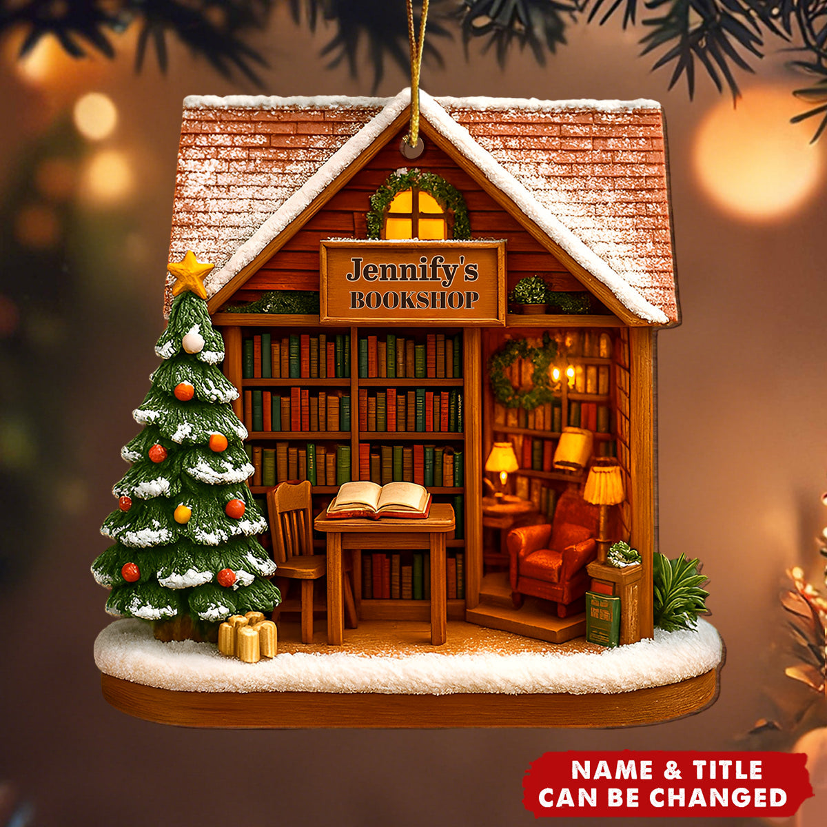 Personalized "Bookshop Story" Wood Ornament With Name & Title Surrounded By Books And Festivals For Book Lovers