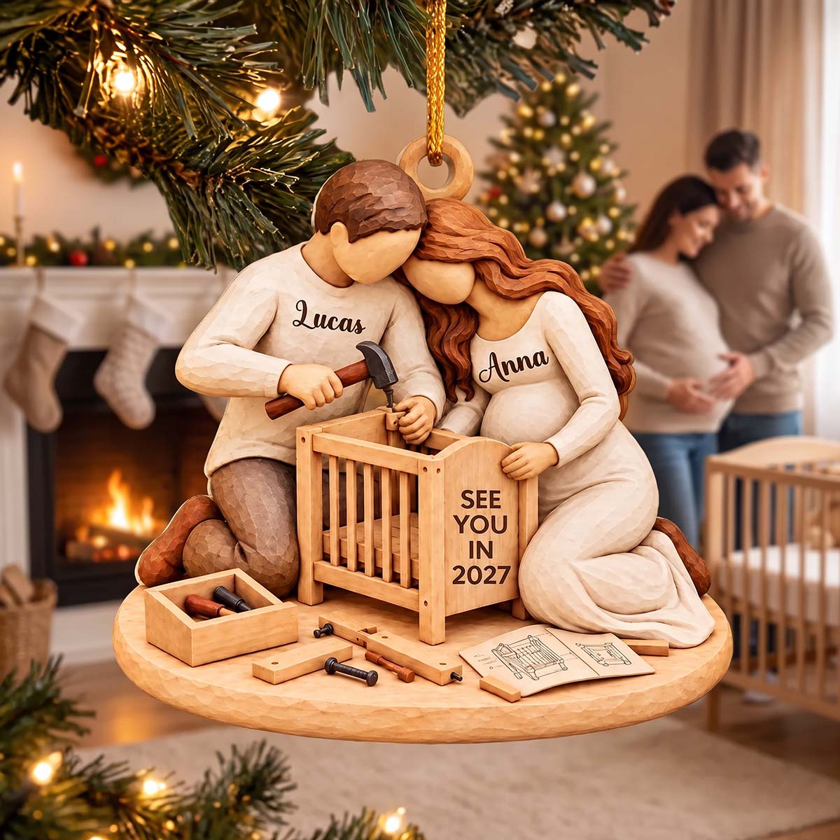 Expecting Parents Building Crib - Personalized Acrylic Ornament, New Mom Dad Christmas Gift