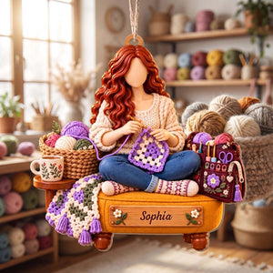 Personalized Crochet Girl Wood Ornament | Custom Christmas Gift for Crafters Crocheter Knitting Lover