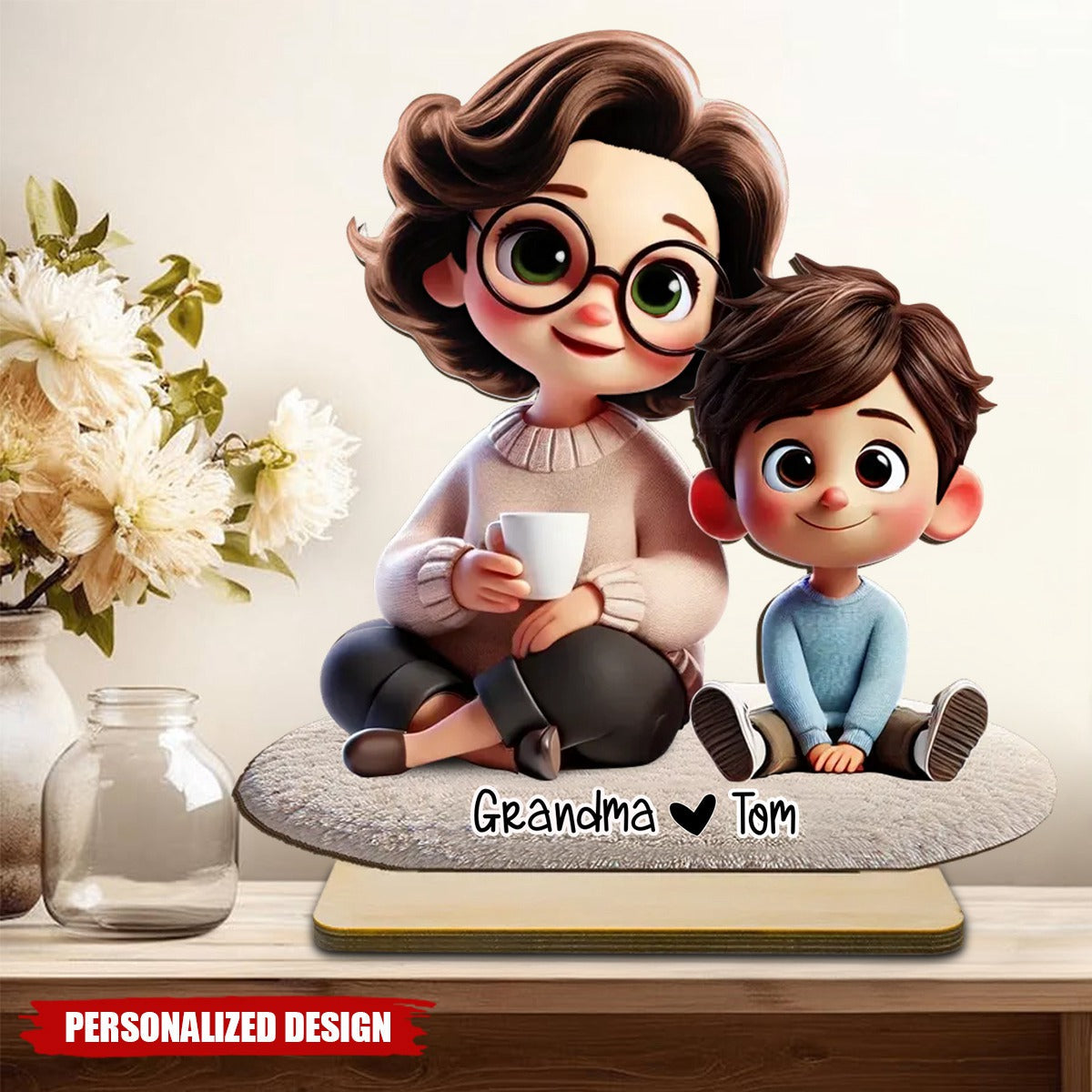 Happy Grandma & Grandkid Personalized Standing Wooden Plaque, Perfect 2025 Mother's Day Gift For Mom, For Grandma