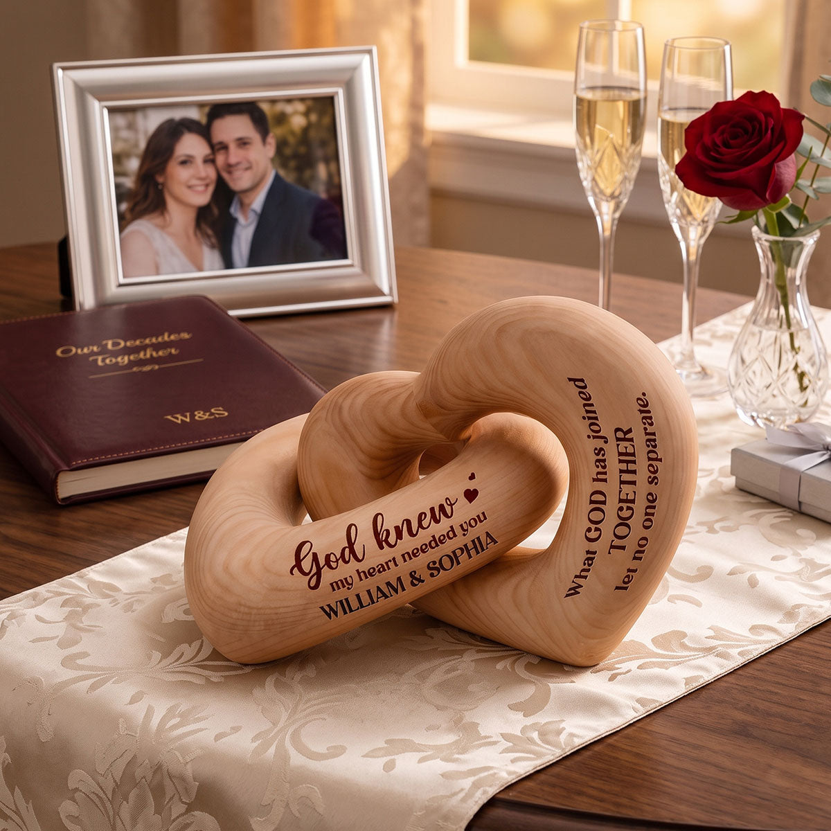 Personalized Interlocking Couple Wooden Hearts Sculpture - God Knew My Heart Needed You