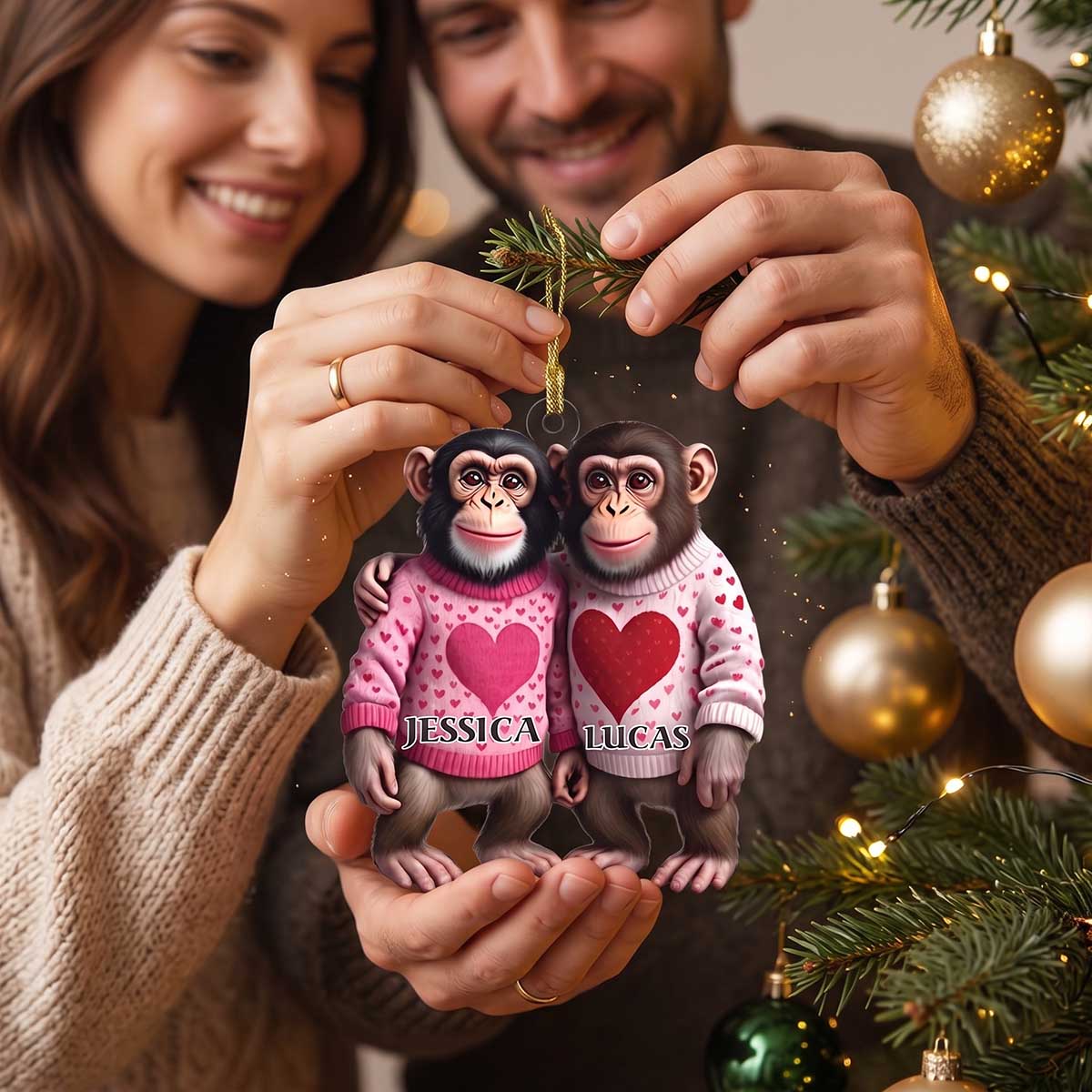 Personalized Couple Monkey Acrylic Ornament With Heart Sweater Design | Christmas Valentine Gift