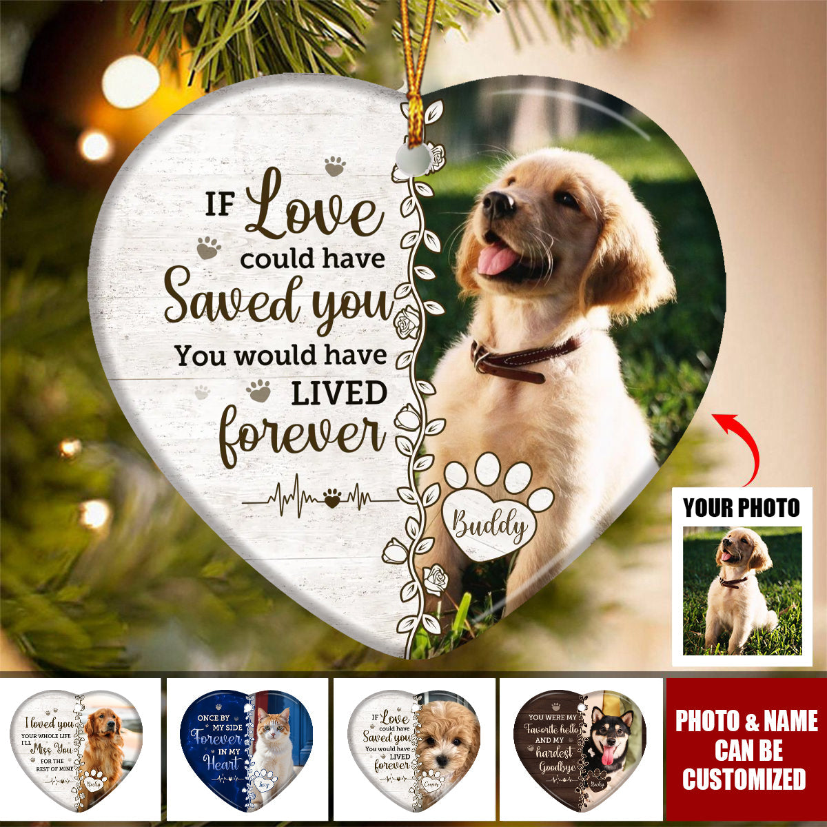 Personalized Memorial Pet Ceramic Ornament With Photo & Name "Once By My Side Forever In My Heart" For Loved Dog & Cat in Heaven