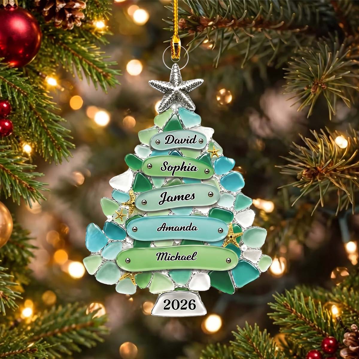 Personalized Sea Glass Style Family Tree Acrylic Ornament 2026 | Coastal Christmas Family Keepsake