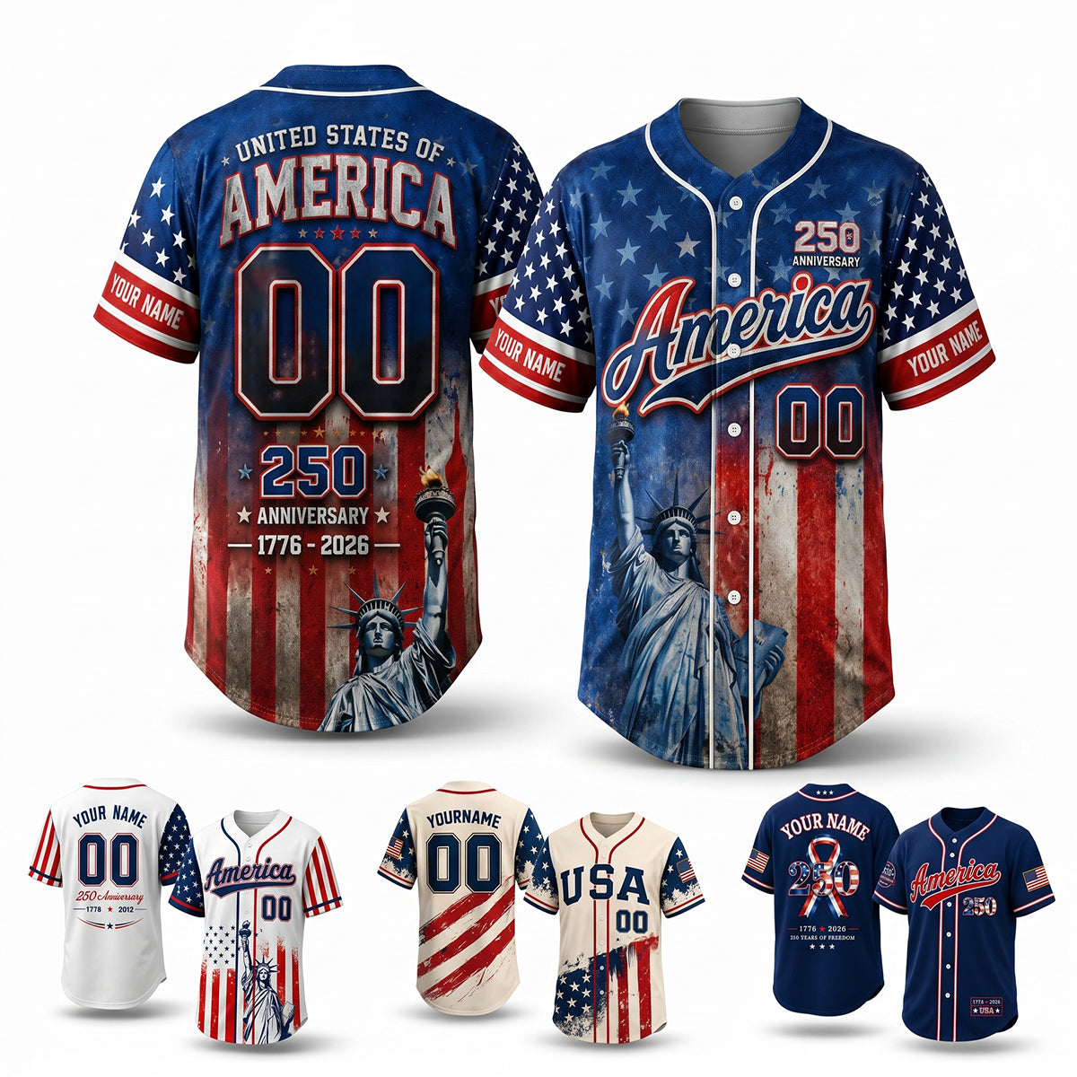Personalized Baseball Jersey "Lady Liberty America" - 250th Anniversary Decor For Men Women