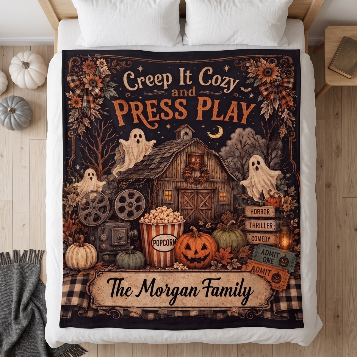 Personalized Halloween Movie Blanket - Haunted House Ghost Pumpkin Movie Night Decor - Family Gift