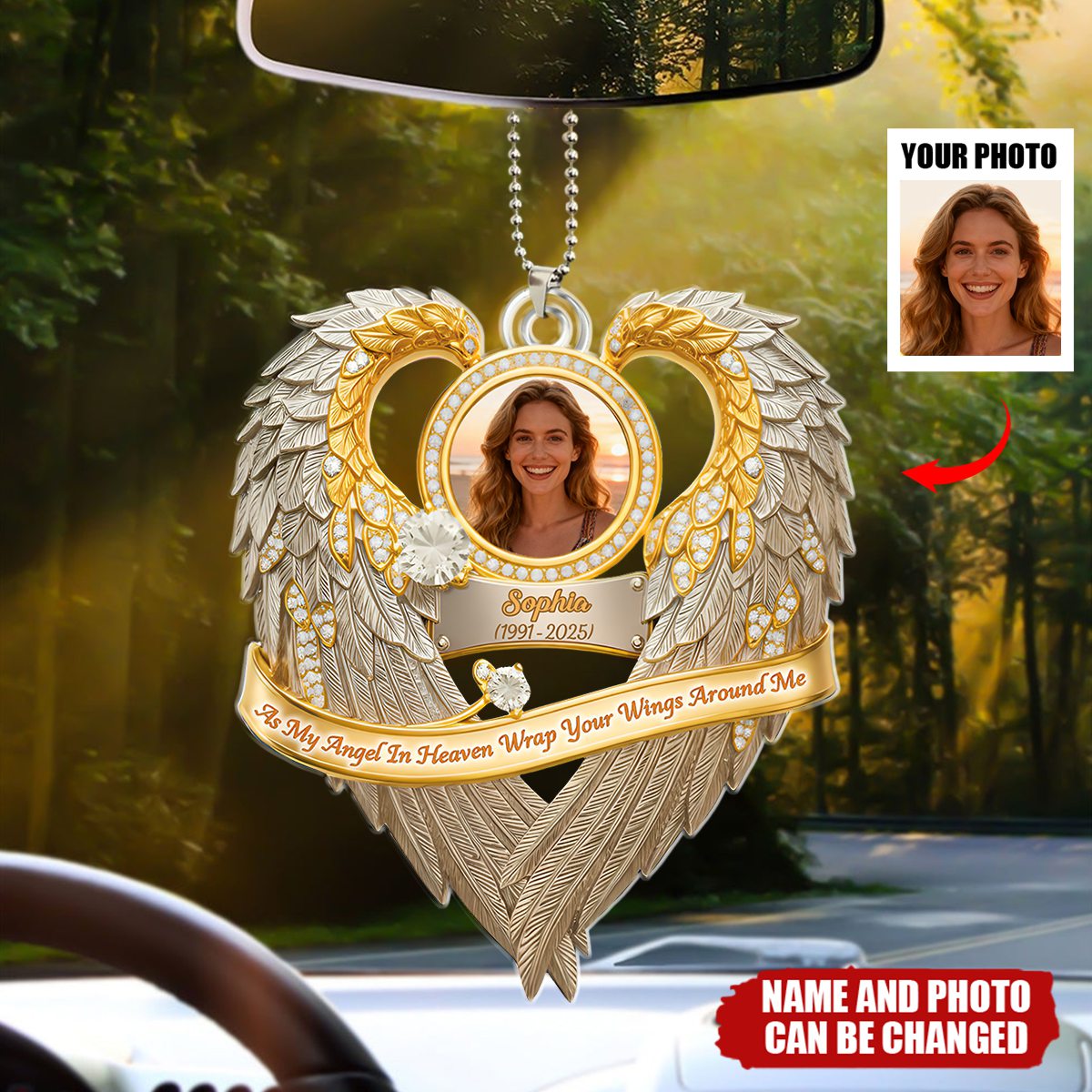 Personalized Heart Angel Wings Car Ornament With Photo & Name & Year | Sympathy Remembrance Gift For Loss Of Loved One