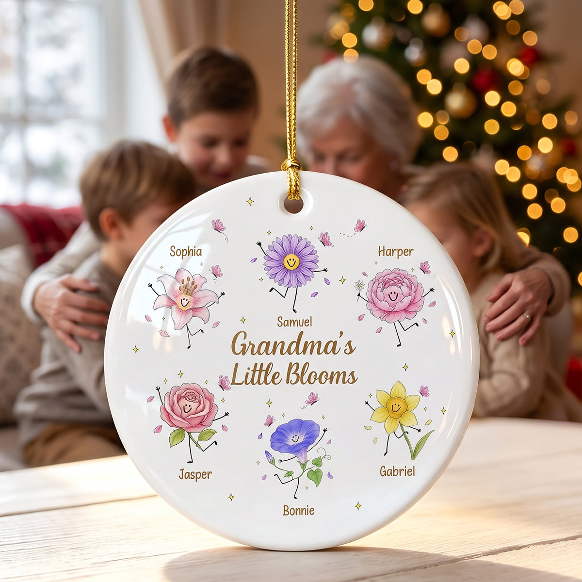 Personalized Smiling Floral Ceramic Ornament With Grandma's Little Blooms | Unique Gift For Grandma