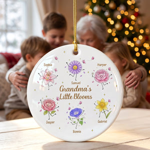 Personalized Smiling Floral Ceramic Ornament With Grandma's Little Blooms | Unique Gift For Grandma