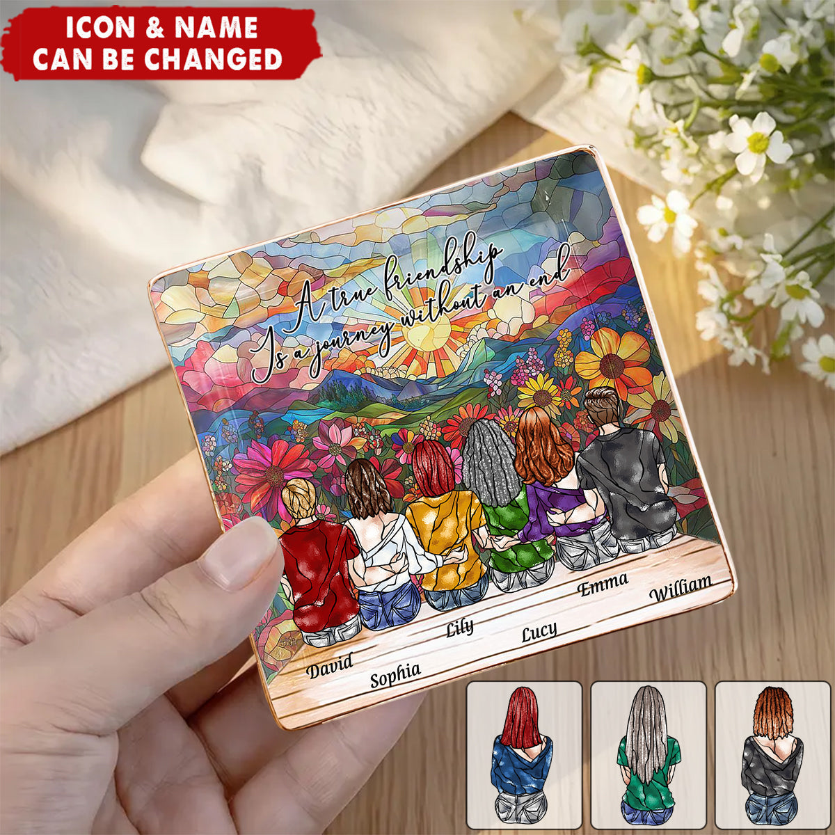 Personalized Friendship Jewelry Dish - A True Friendship Is A Journey Without An End Stained Glass Style | Custom Best Friend Gift For Girls