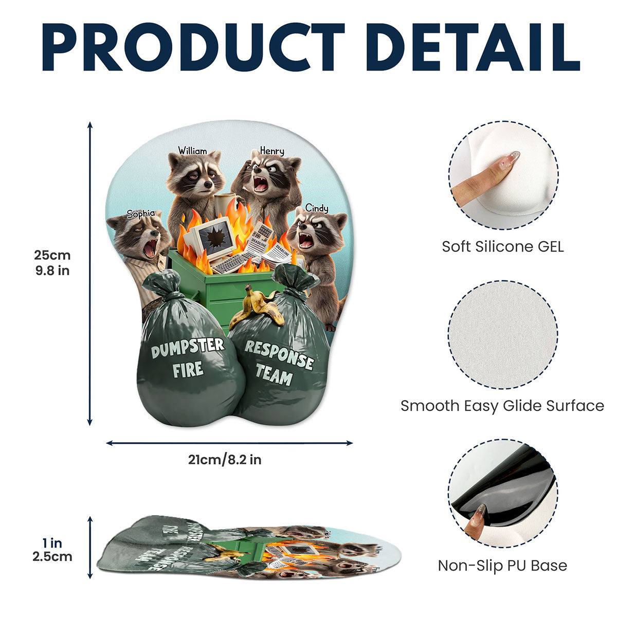 Personalized Raccoon Dumpster Fire Team 3D Mouse Pad With Names & Icons - Funny Office Birthday Gift For Coworkers