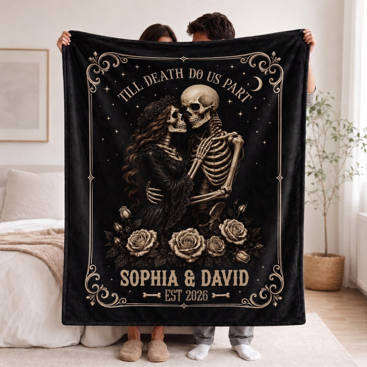Personalized Spooky Gothic Skeleton Couple Blanket - Till Death Do Us Part - Halloween Gift