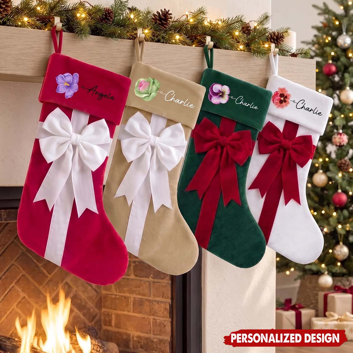 Personalized Floral Christmas Stocking | Birth Month Flower Gifts | Christmas Family Decor