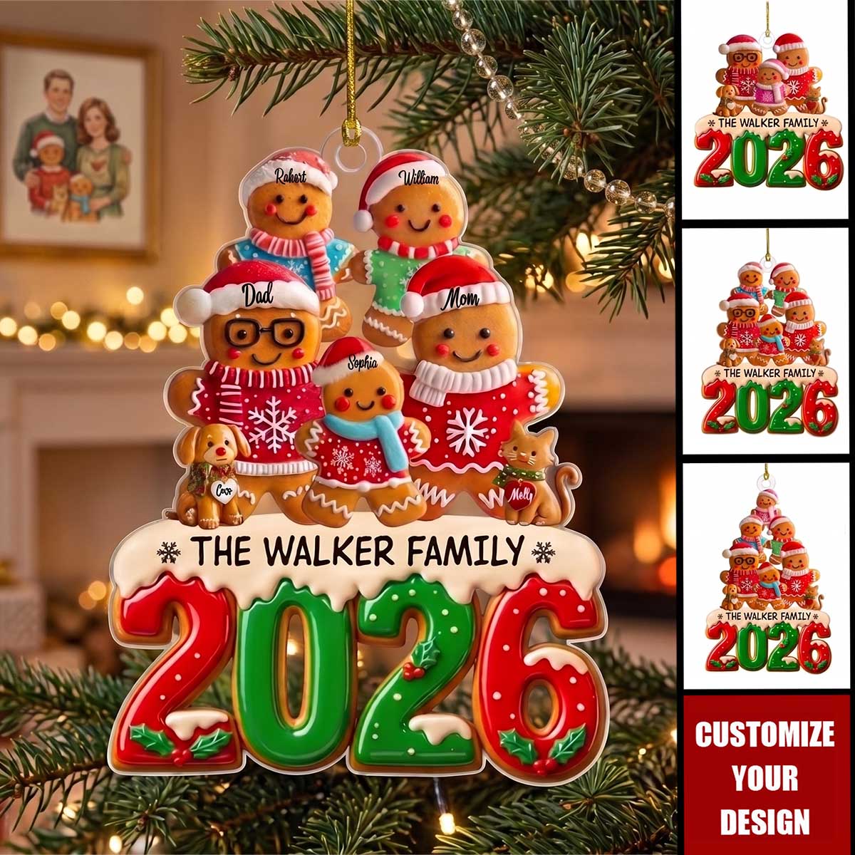 Personalized Gingerbread Family Christmas Tree Acrylic Ornament | Holiday Keepsake Gift For Family