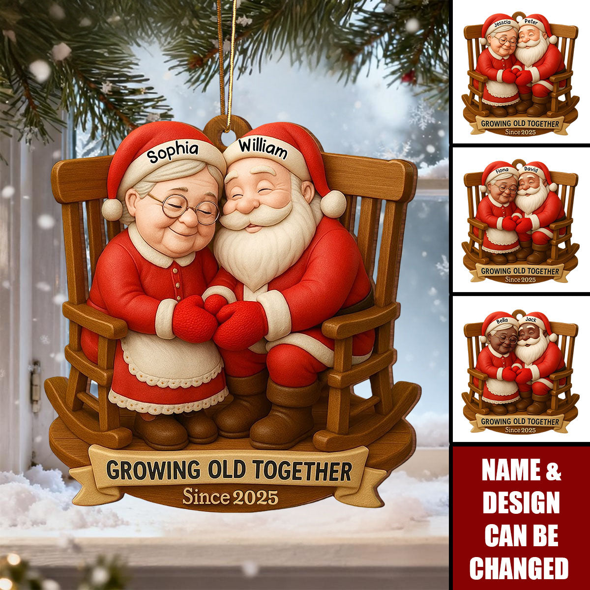 Personalized "Growing Old Together" Santa Couple Rocking Chair Ornament With Names & Year | Xmas Golden Anniversary Gift For Grandparents & Couple