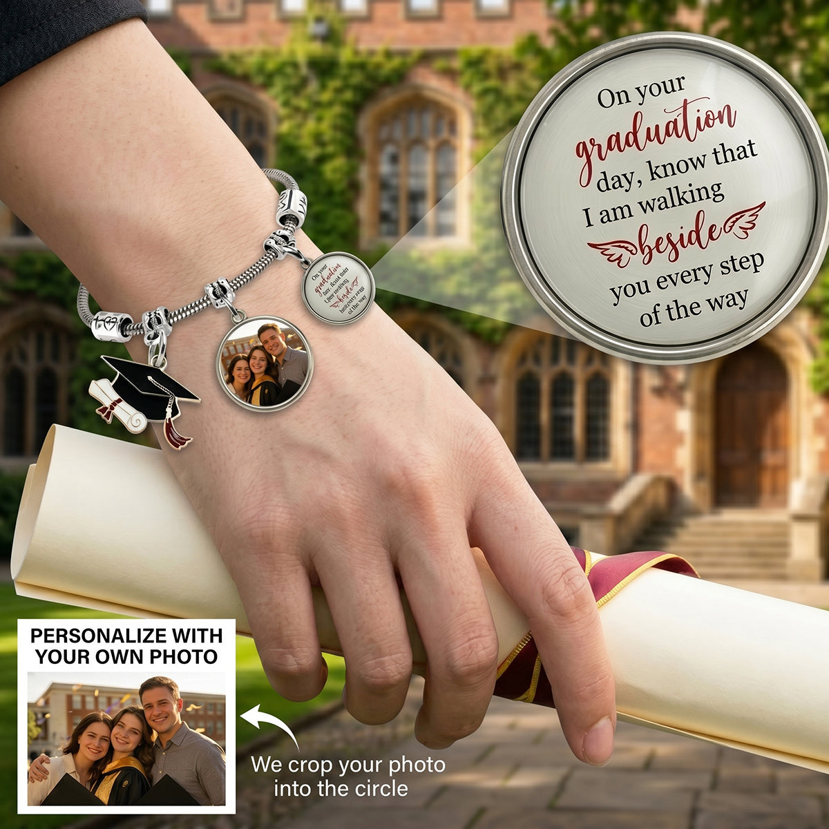 Personalized Walking Beside You Photo Memorial Bracelet | Grad Keepsake For Class of 2026 Students