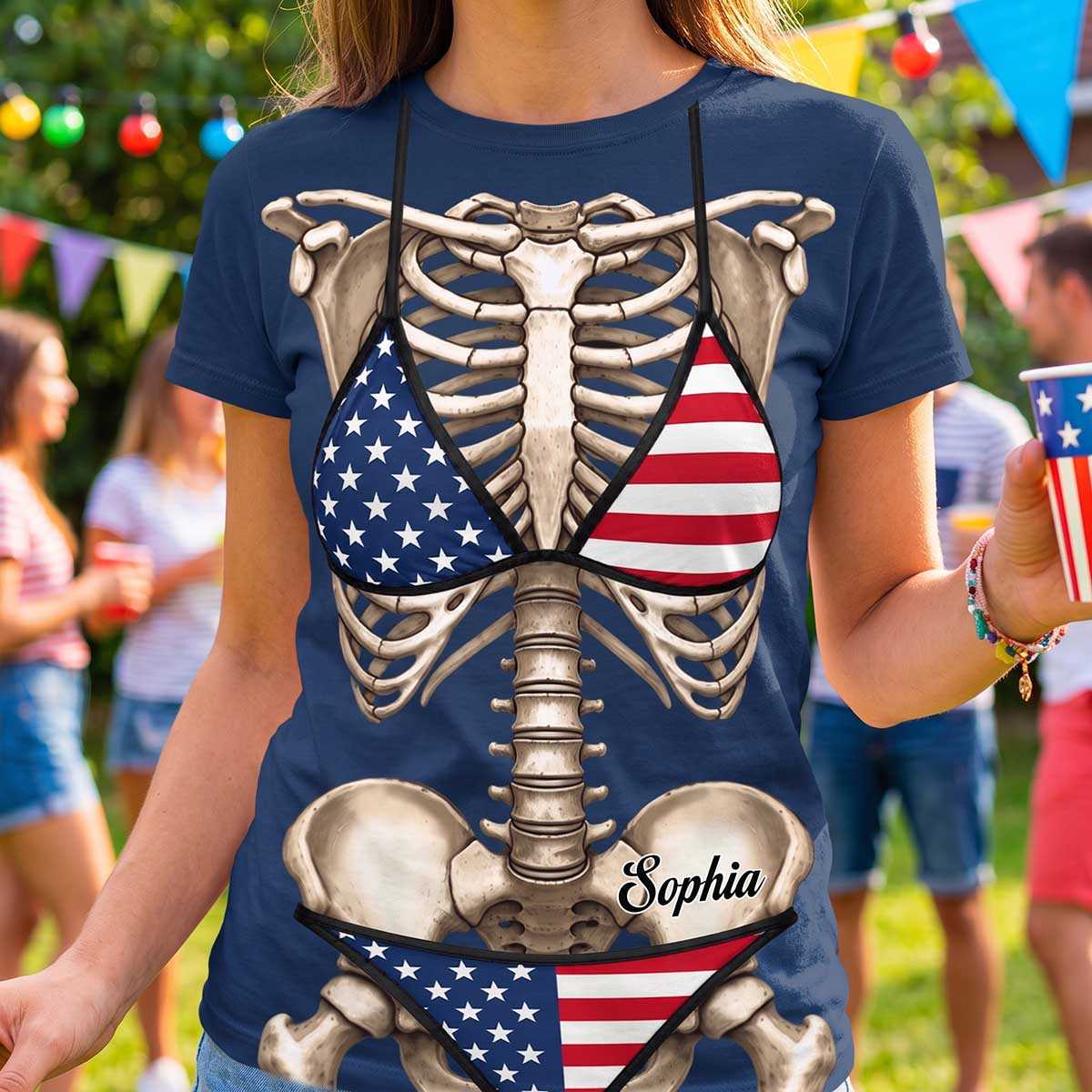 Personalized Skeleton Bikini Print T‑Shirt | Halloween Gifts For Women