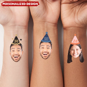 Custom Fun Face Temporary Tattoos With Party Hat & Age - Birthday Party Favors & Gag Gift For Adults