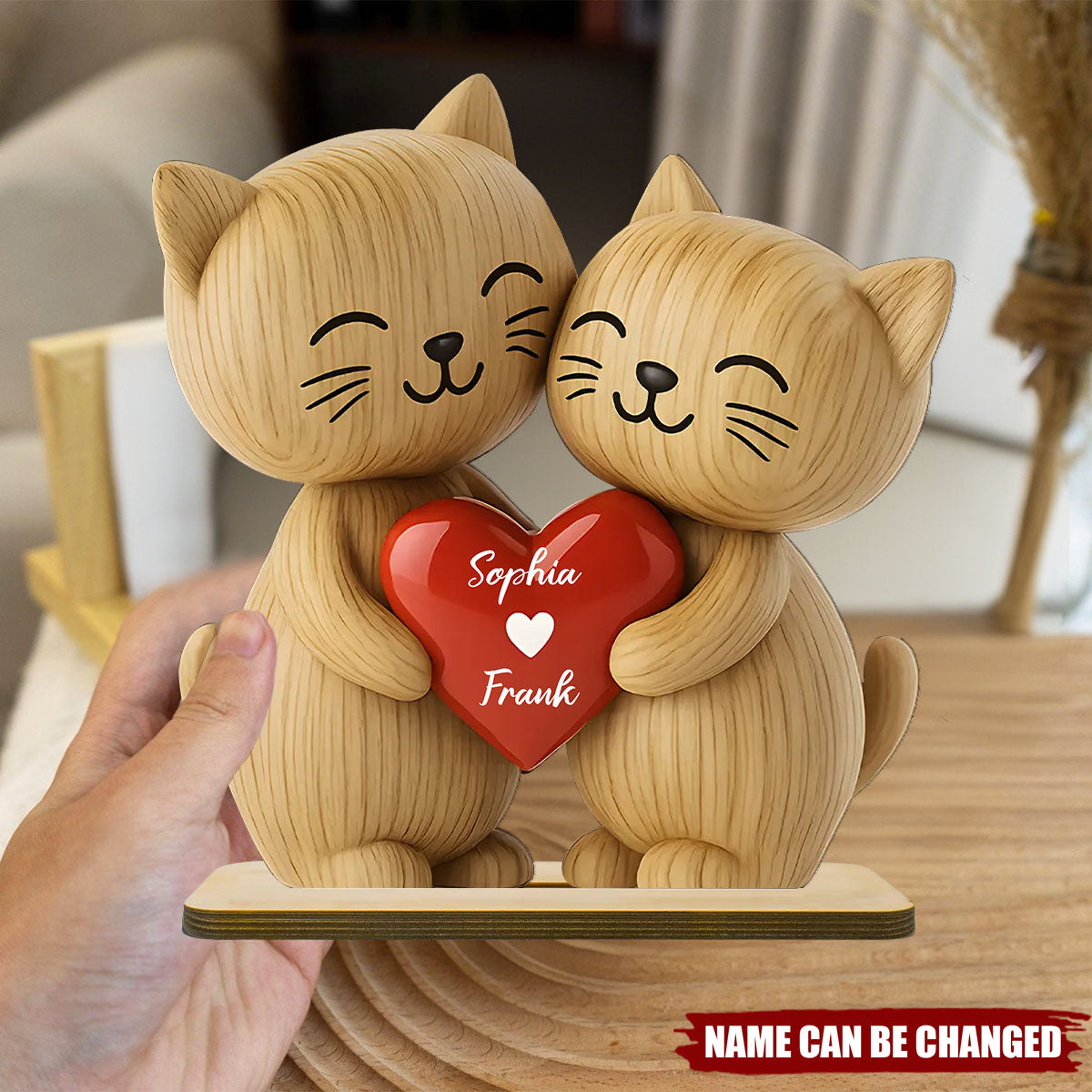 3D Cat Couple Love Personalized Standing Wooden Plaque - Customized Name, Wooden Materials, Perfect for Love Gift & Keepsake, Anniversary