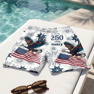 Custom Name USA 250th Anniversary Swim Trunks | Men's Patriotic Flag Shorts | 4th Of July Gift