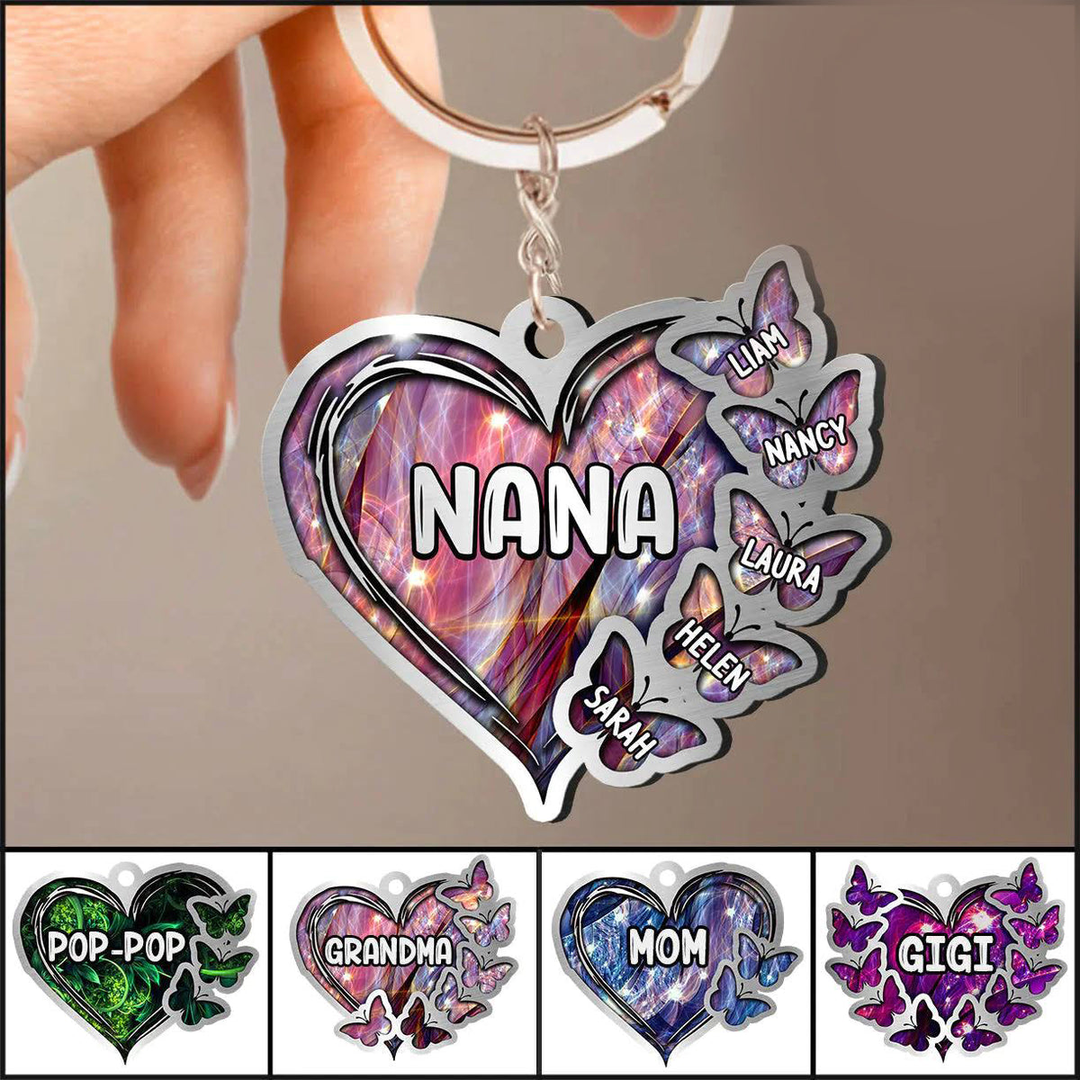 Sparkling Grandma- Mom Heart Butterfly Kids, Multi Colors Personalized Keychain