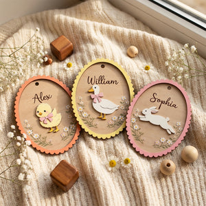 Personalized Easter Basket Tag With Name - Bunny, Duck, Chick Design - Spring Easter Egg Hunt Gift For Kids