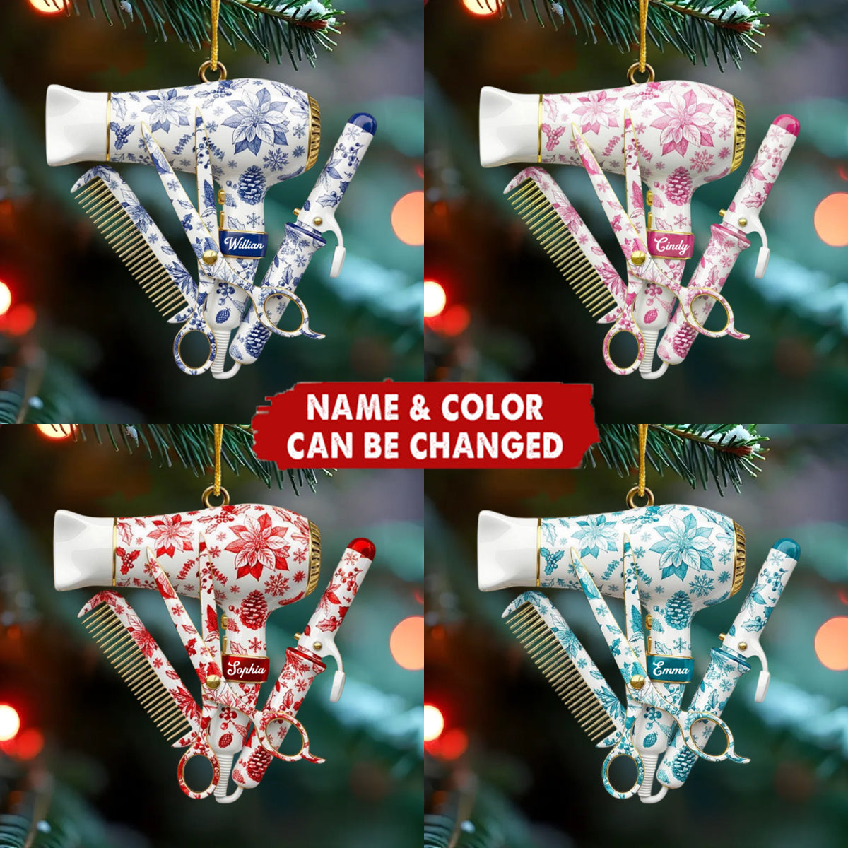 Personalized Hair Stylist Tool Acrylic Christmas Ornament With Name & Color | Xmas Gift For Barber & Hairdresser