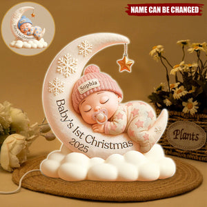 Personalized Baby Sleeping on Moon LED Light Box With Name - Baby's First Christmas Gift For Newborn Parents Grandparents