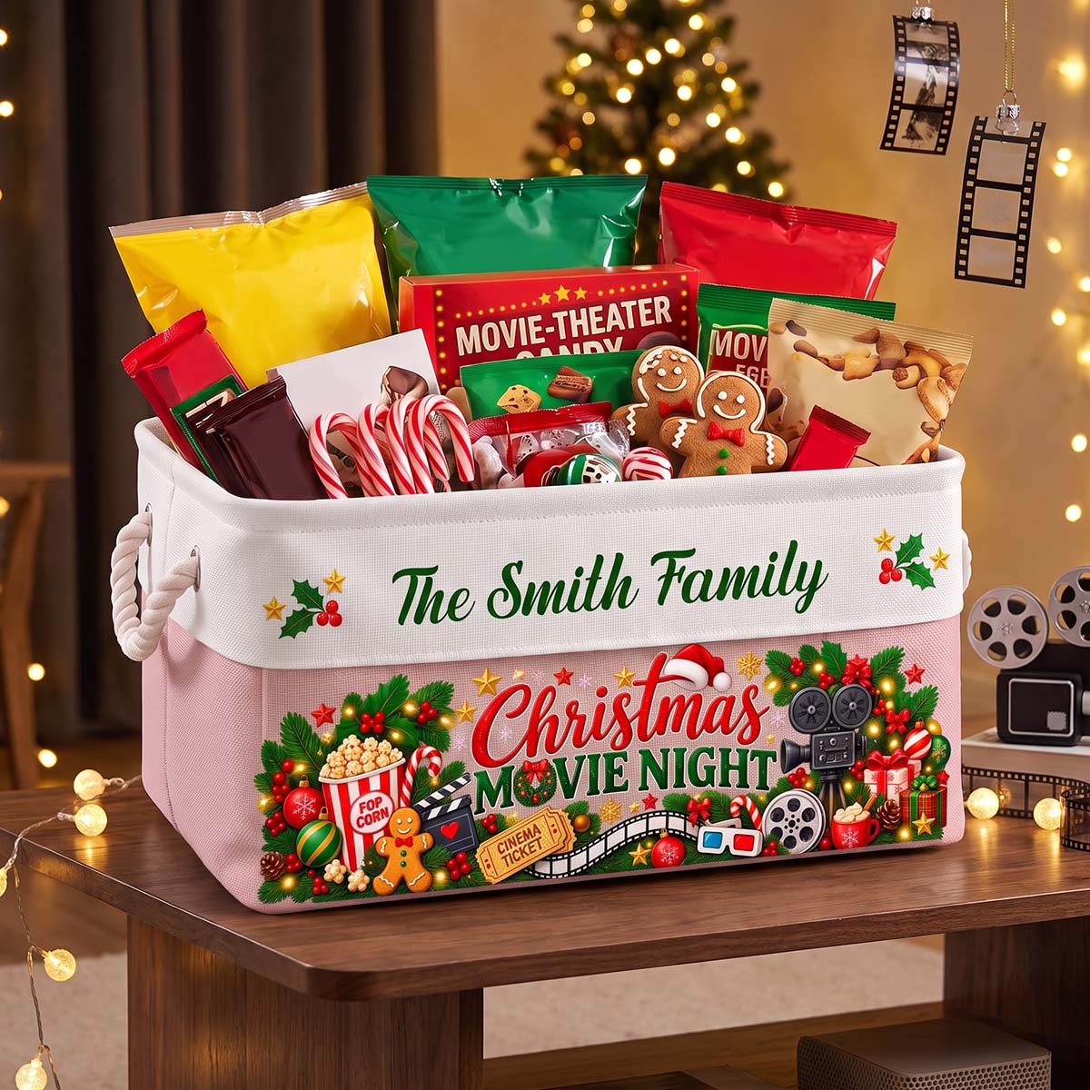 Custom Christmas Movie Night Basket - Supplies Snack Storage Basket With Handles - Personalized Storage Basket