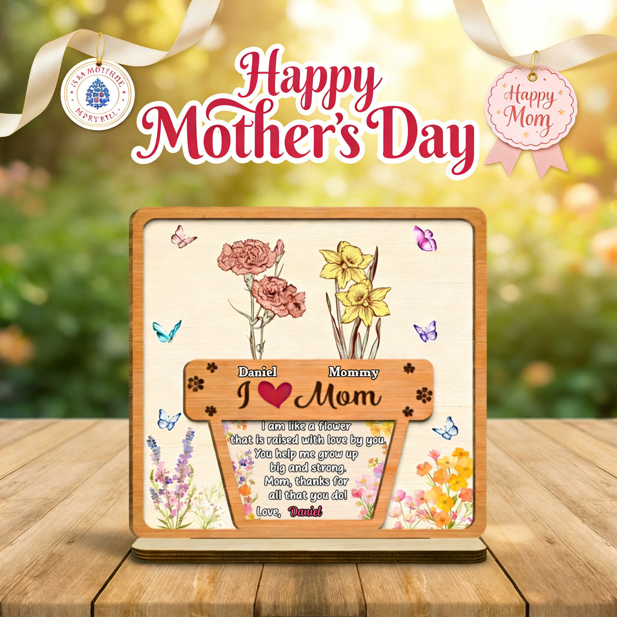 Personalized "Growing Love Flower" 2-Layer Wood Plaque With Names | Mother's Day Gift For Mom Grandma