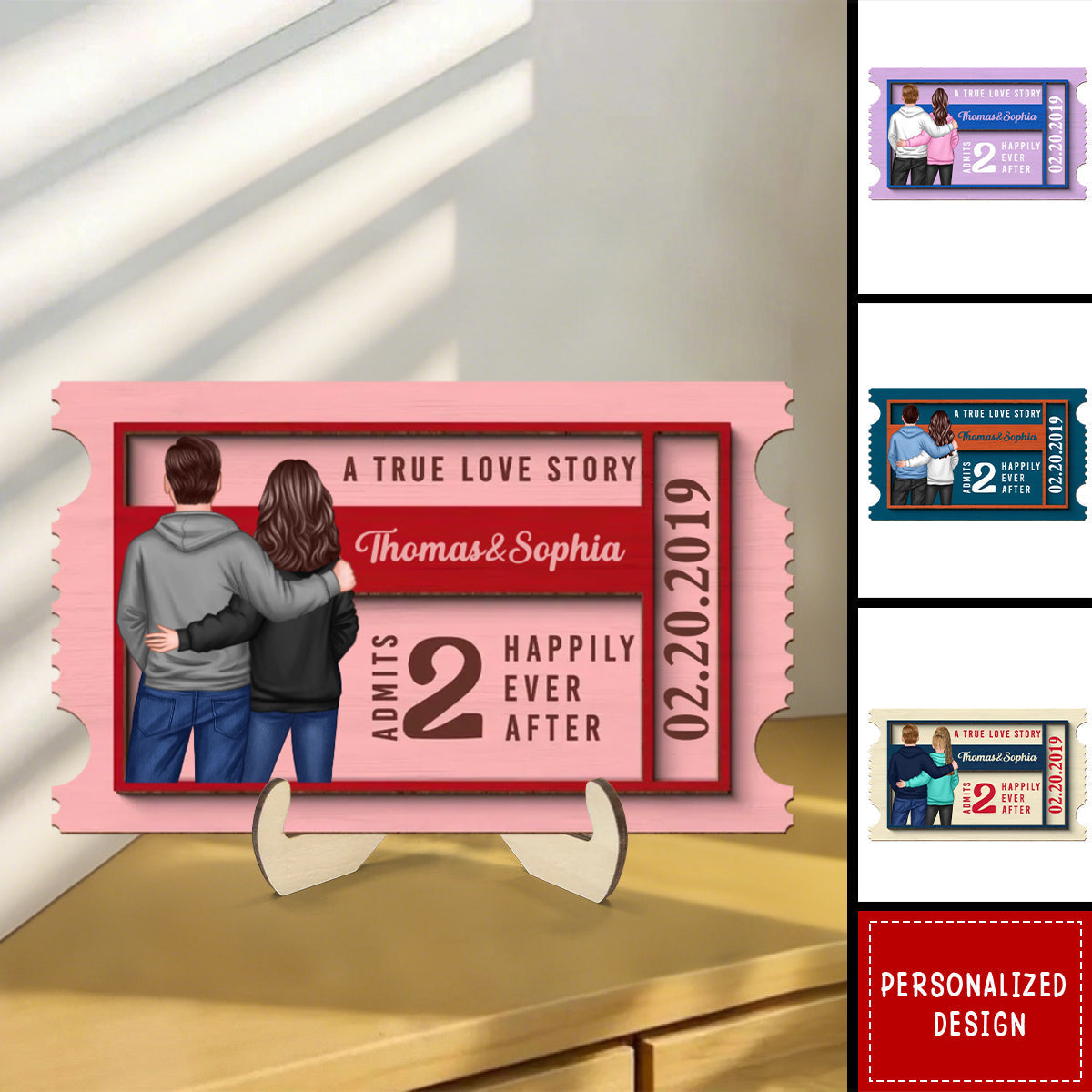 Personalized 2-Layer Wooden Love Ticket Plaque With Names & Design & Date | Romantic Anniversary Valentine’s Day Gift For Couples Friends