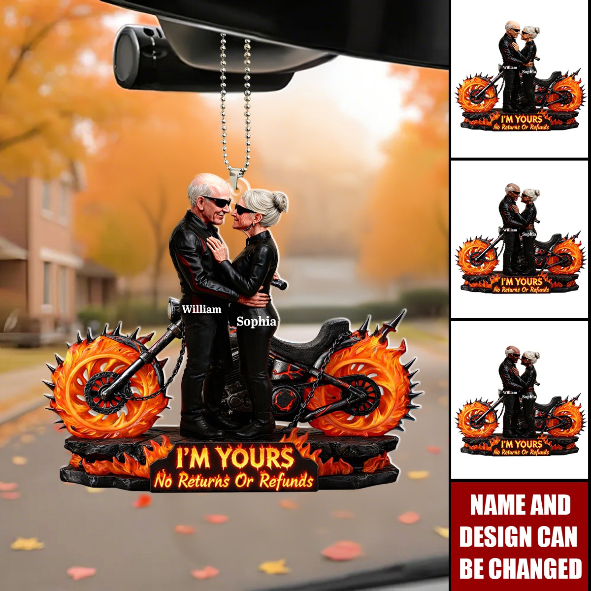 Personalized Flaming Wheels Biker Couple Car Ornament With Names & Design | Unique Anniversary Valentine's Day Gift For Motorcycle Lovers Couples