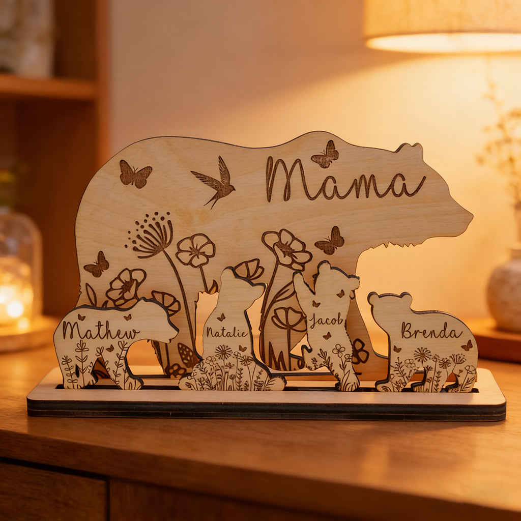 Personalized Layered Wood Carving Mama Bear Sign With Babies' Names & Floral - Mother's Day Gift For Mom