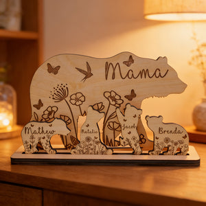 Personalized Layered Wood Carving Mama Bear Sign With Babies' Names & Floral - Mother's Day Gift For Mom