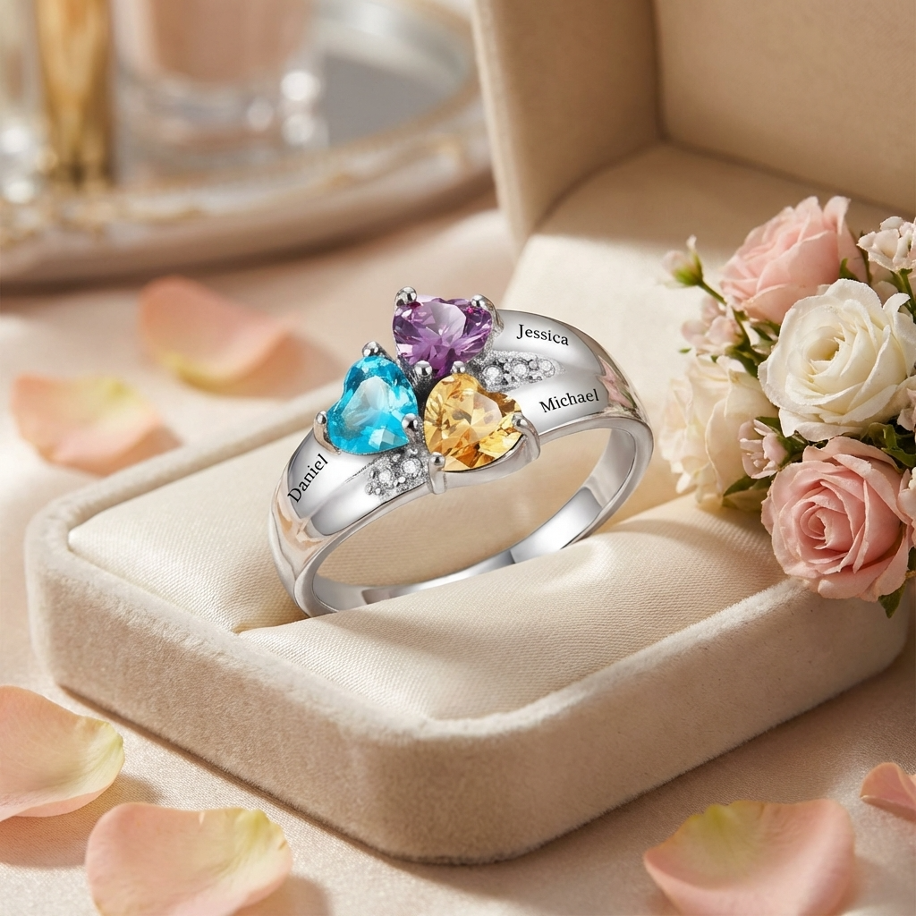 Personalized Heart Birthstone Promise Ring With 1-8 Names| Romantic Mother's Day Gift For Mom Grandma