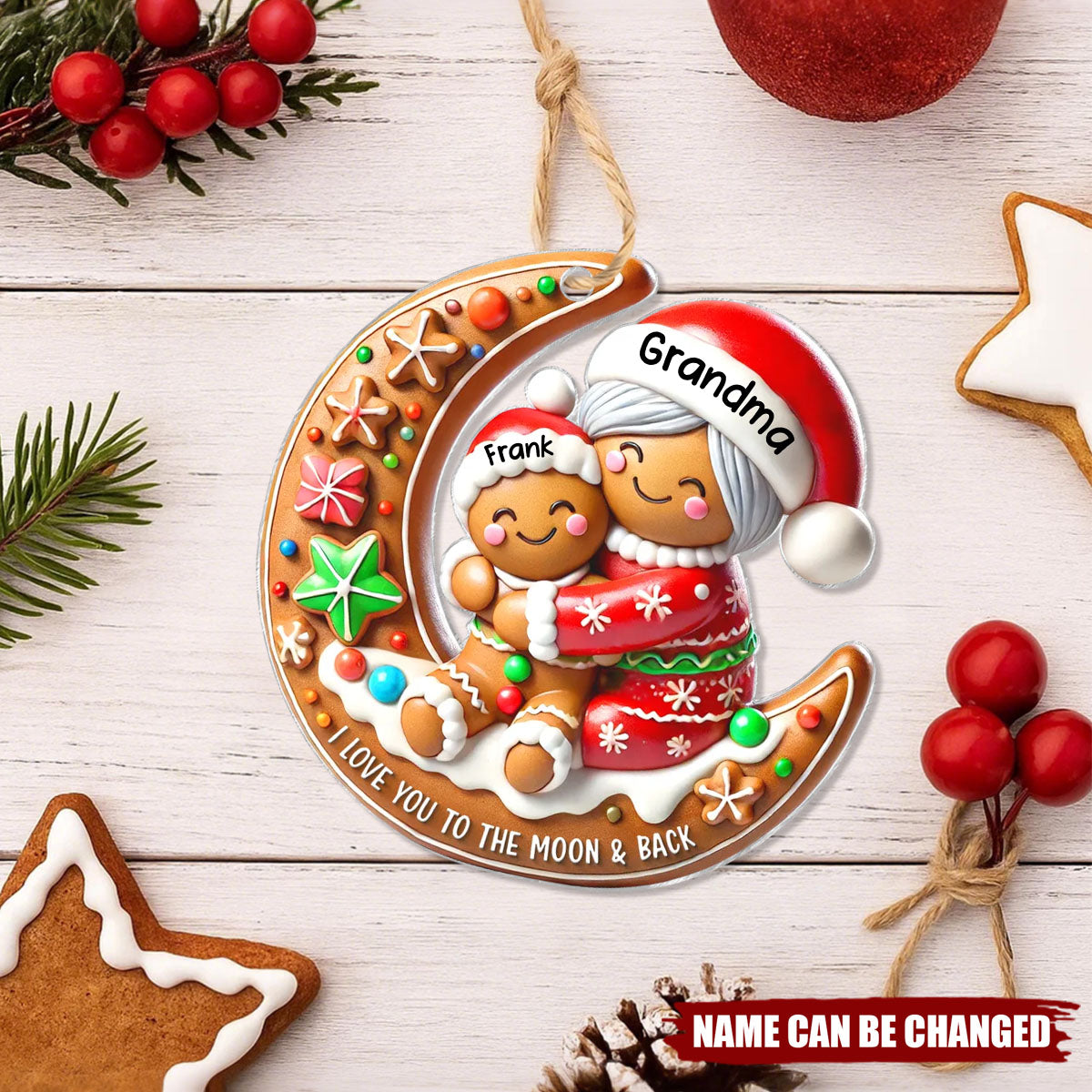 Personalized 3D Effect Gingerbread Grandma Hugging Grandkids On Moon Christmas Ornament With Names,Making Testament To Family Love