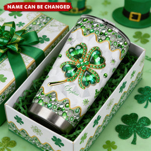 Personalized Lucky Four-Leaf Clover Insulated Tumbler With Name & Shamrock Art - Festive St. Patrick's Day Birthday Gift For Friends