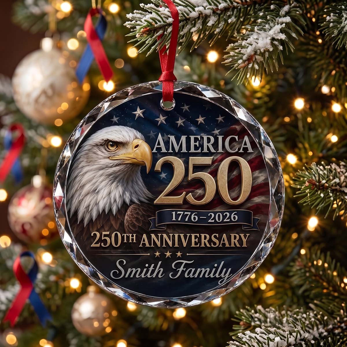 Personalized Bald Eagle America 250th Glass Ornament | 1776-2026 Patriotic Christmas Family Keepsake