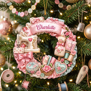 Personalized Sewing Themed Wreath Acrylic Ornament | Christmas Gift For Seamstress Crafter Lover
