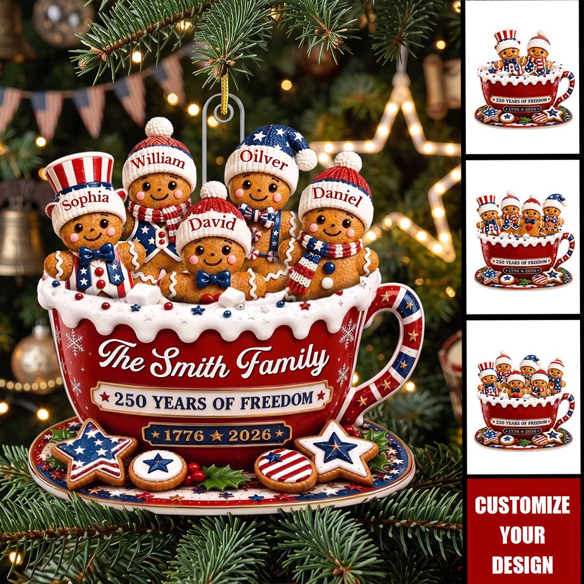 Personalized USA 250th Anniversary Gingerbread Family Cup Acrylic Ornament | Christmas Gifts For Family