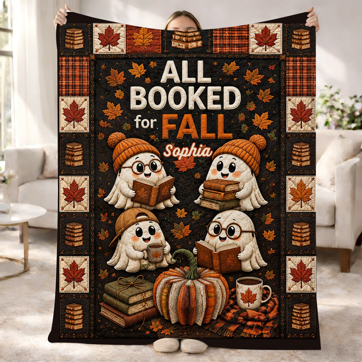 Personalized Name Book Pumpkin Throw Blanket With Cute Reading Ghost For Cozy Fall & Halloween