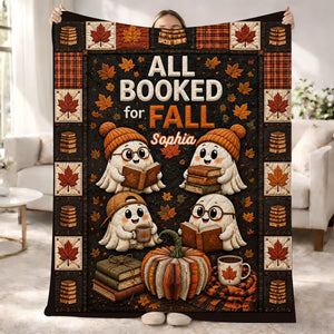 Personalized Name Book Pumpkin Throw Blanket With Cute Reading Ghost For Cozy Fall & Halloween