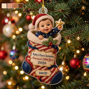 Personalized Acrylic Ornament With Smiling Baby Holding A Star | Creative First Christmas Gift For Family