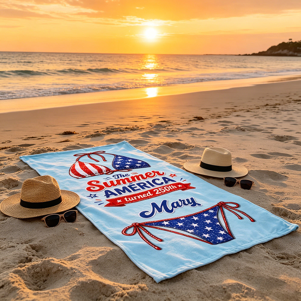 Personalized America 250th Beach Towel With Cherry Stars Stripes Bikini - Independence Gift For Her