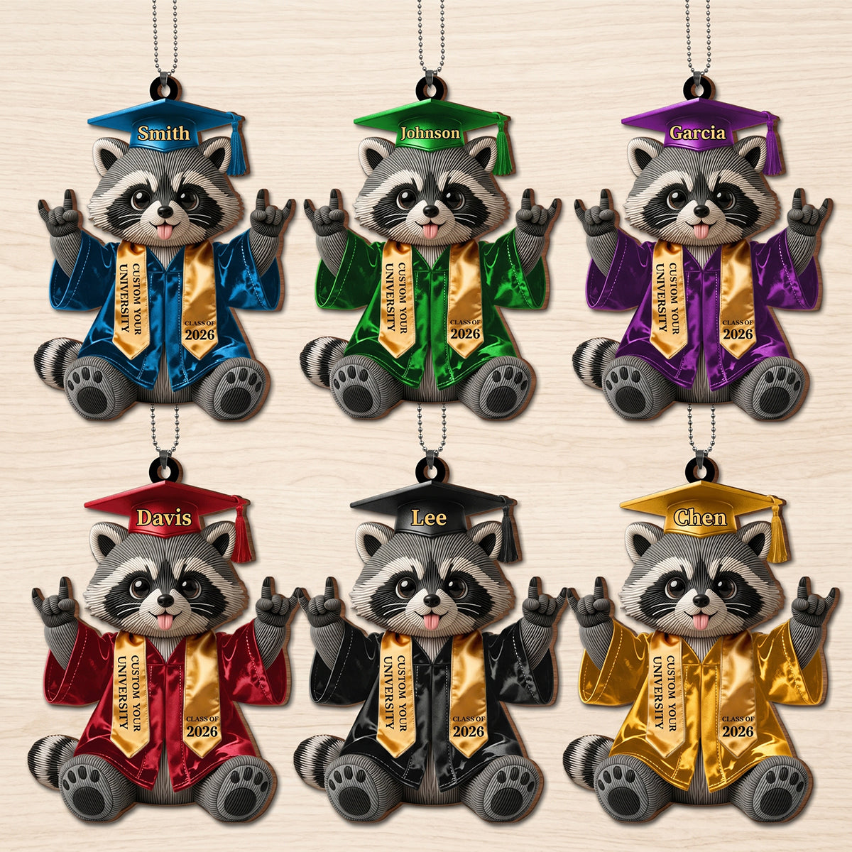 Personalized Class of Graduate Raccoon Wood Car Ornament | Gift For Graduates