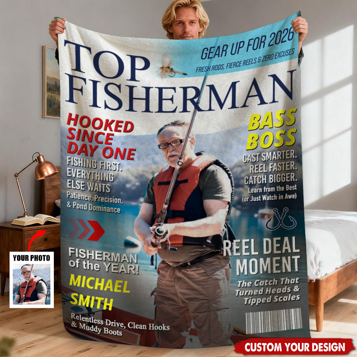 Personalized "Top Fisherman" Magazine Cover Blanket With Photo & Name & Tagline And Headline | Funny Gift For Fisherman Dad Husband Friend