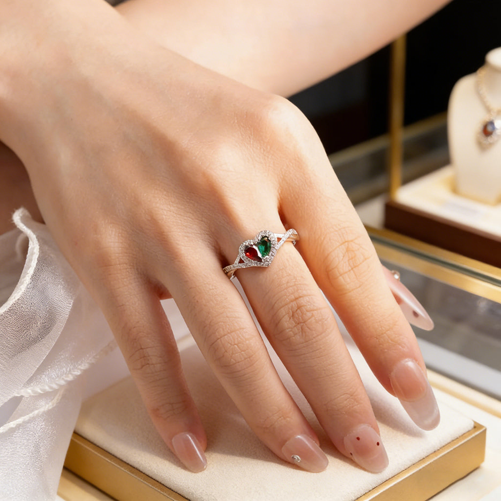 Personalized Two-Stone Heart Minimalist Ring With Birthstones - Valentine's Day Gift For Her